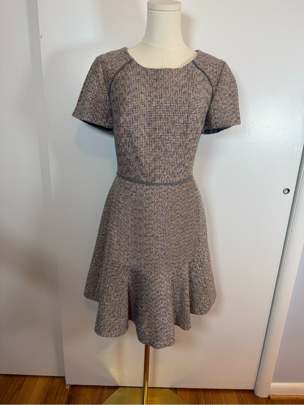 Womens Short Sleeve Tweed Fit-and-Flare Dress in Heathered Taupe